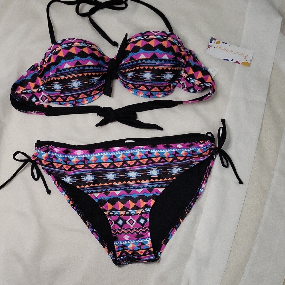 Fashion World Patterned Multicolor Bikini Set Size L